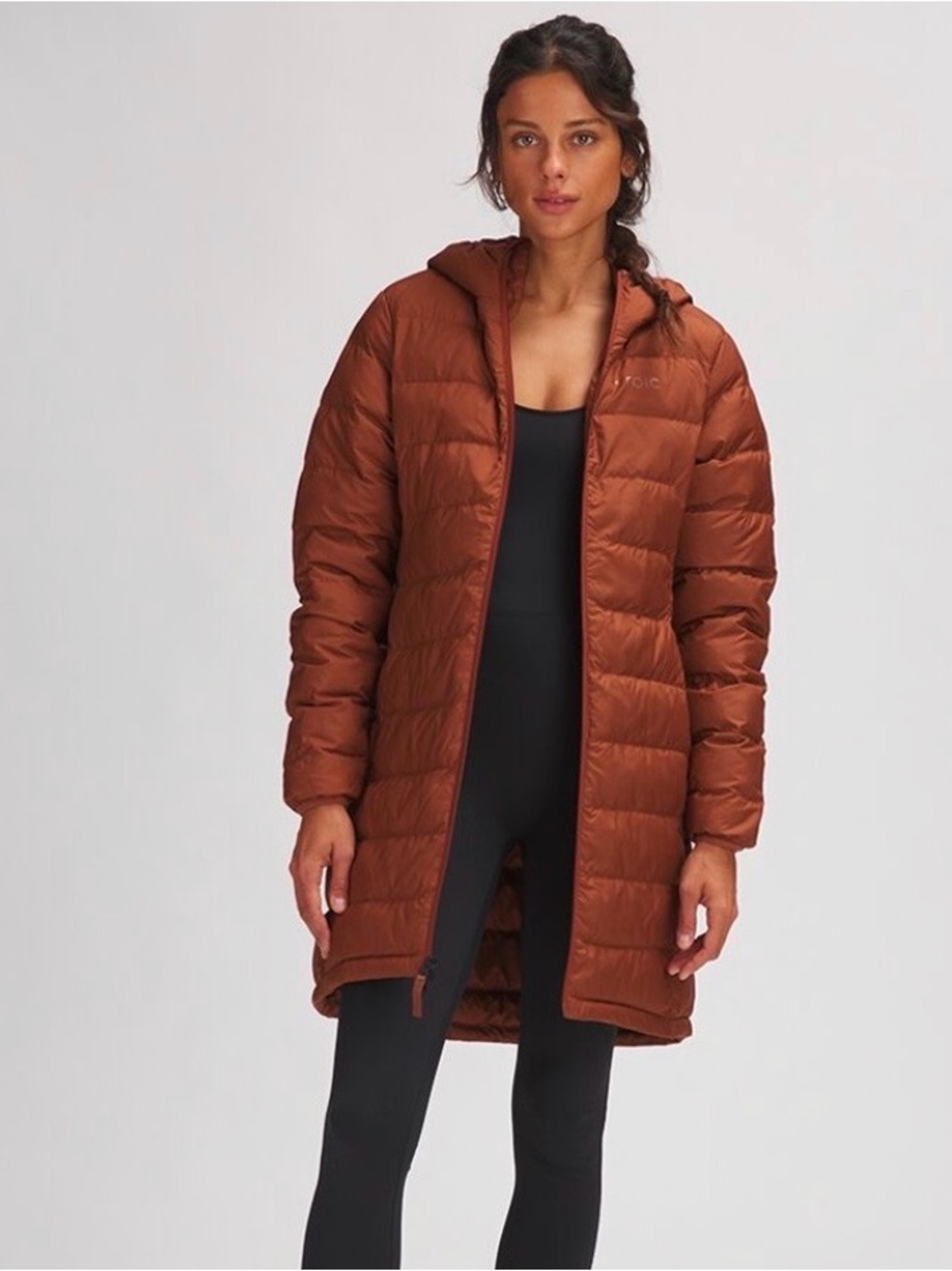 STOIC Long Hooded Puffer Coat in Rust
